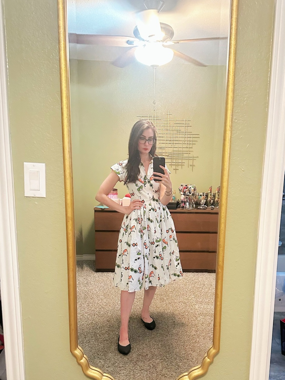 Bernie Dexter White Dress with Green and Orange sunglass Motif